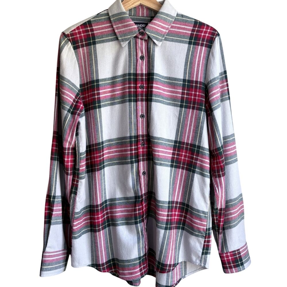 LANDS END Tartan Plaid Cotton Flannel Button Shirt Medium 10-12 Red Green Blue